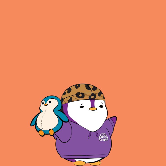 An illustration of a cartoon penguin wearing a leopard-print beanie and purple hoodie, holding a small penguin plushie, set against an orange background.