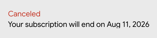 The image shows a "Canceled" notice in red text with the message "Your subscription will end on Aug 11, 2026." This visual confirms the user's claim of having canceled their Gemini subscription in retaliation after their YouTube channel was terminated.