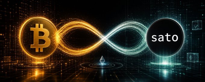 A glowing Bitcoin (₿) logo and a black circle labeled "sato" are connected by an infinity symbol of intertwined light trails, with a small Ethereum diamond icon centered below. The image symbolizes a strong, ongoing partnership or partnership between Bitcoin and Sato, visually reinforcing the post's message about identifying resilient, well-developed projects amid rising rug pulls in the crypto bear market.