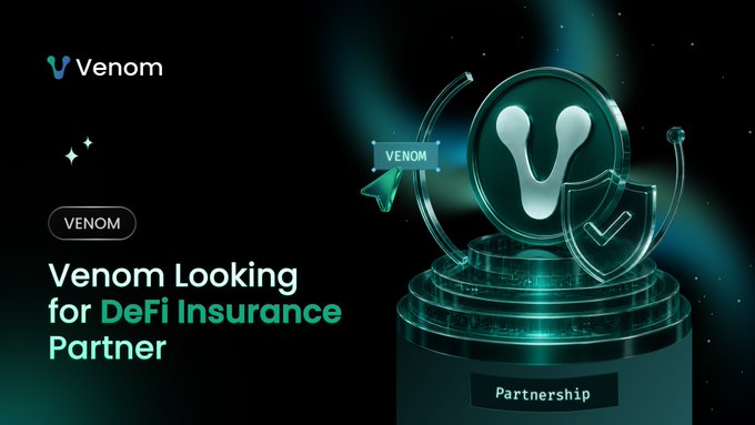 A promotional graphic for Venom Foundation announces their search for a DeFi insurance partner, featuring the Venom logo, a "Partnership" label, and a 3D-rendered shield with a checkmark symbolizing security and protection for on-chain assets.