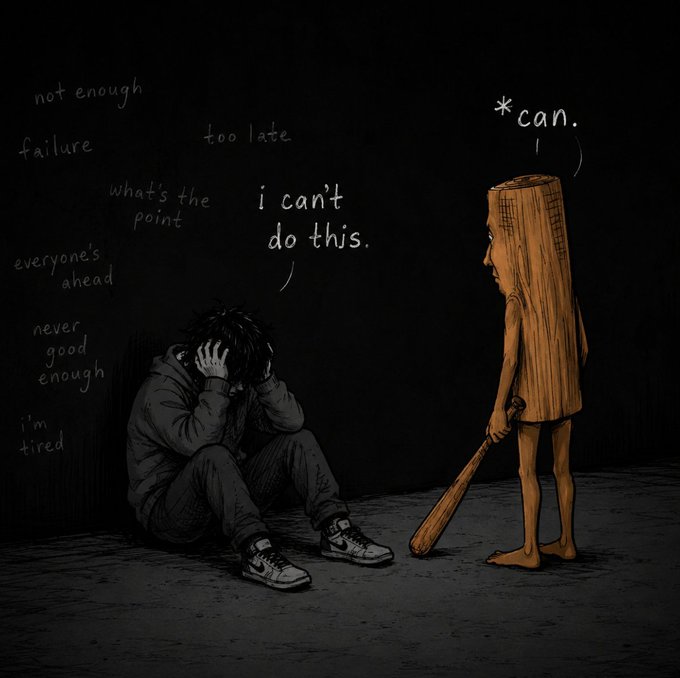 A person sits curled up against a dark background, overwhelmed by negative thoughts like "failure," "too late," "I can't do this," and "never good enough," while a small wooden figure shaped like a log with a human face stands beside them holding a bat and replies with a single, defiant "*can." The image embodies the #hopecore theme by capturing a quiet moment of inner struggle being met with a small but powerful affirmation of self-belief.