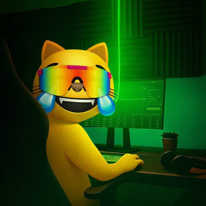 A yellow cartoon cat character with rainbow sunglasses and tears of joy sitting at a desk with a computer monitor in a green-lit room.
