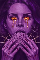 A surreal purple-toned digital artwork depicting a woman with glowing orange eyes that appear to be melting or dripping, with two hands holding a brain in front of her mouth.