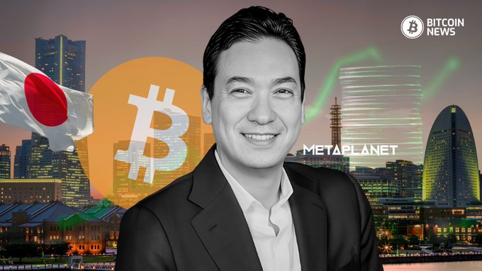 A smiling Asian man in a suit is featured in front of a Japanese cityscape with the Japanese flag, a Bitcoin logo, and "Metaplanet" text, while a green upward-trending chart appears in the background. The Bitcoin News logo is visible in the top right corner, and the image visually reinforces the article about Tuttle Capital's filing for a 2X leveraged Metaplanet ETF, highlighting the company's significant Bitcoin holdings and rising stock performance.