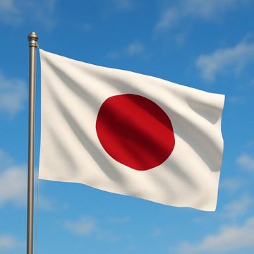 The flag of Japan, featuring a red circle on a white background, waves on a flagpole against a blue sky with scattered clouds.