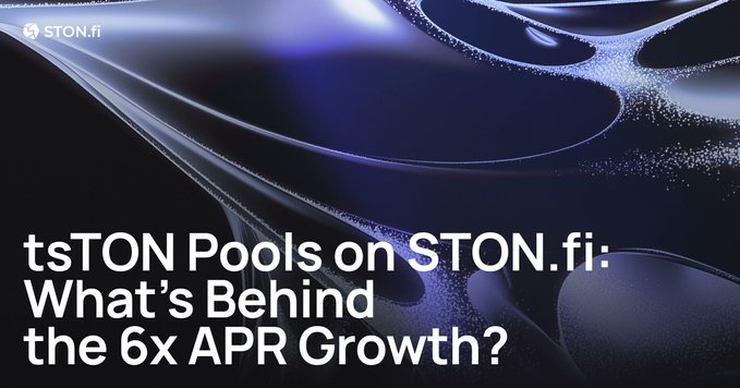 The image features a poster with a black background and white text that reads "tston pools on ston fi: What's behind the 6x APR growth?". The poster shows a black and white photo of water droplets against a black background, which is associated with the concept of water conservation. The text emphasizes the connection between the water conservation movement (represented by the droplets) and the financial market or cryptocurrency space represented by ston fi.