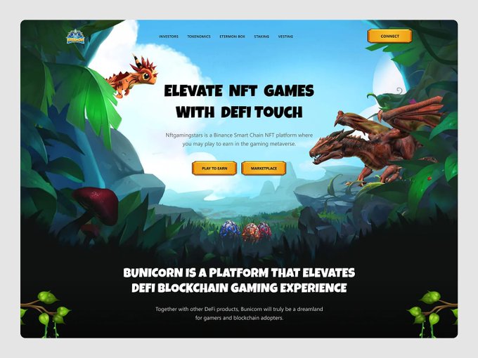 A vibrant landing page for "Bunicorn" — a Binance Smart Chain NFT gaming platform — featuring fantasy artwork with dragons and egg creatures, headlines reading "ELEVATE NFT GAMES WITH DEFI TOUCH" and "BUNICORN IS A PLATFORM THAT ELEVATES DEFI BLOCKCHAIN GAMING EXPERIENCE," alongside navigation links (Investors, Tokenomics, Staking, Vesting) and "Play to Earn" and "Marketplace" call-to-action buttons.