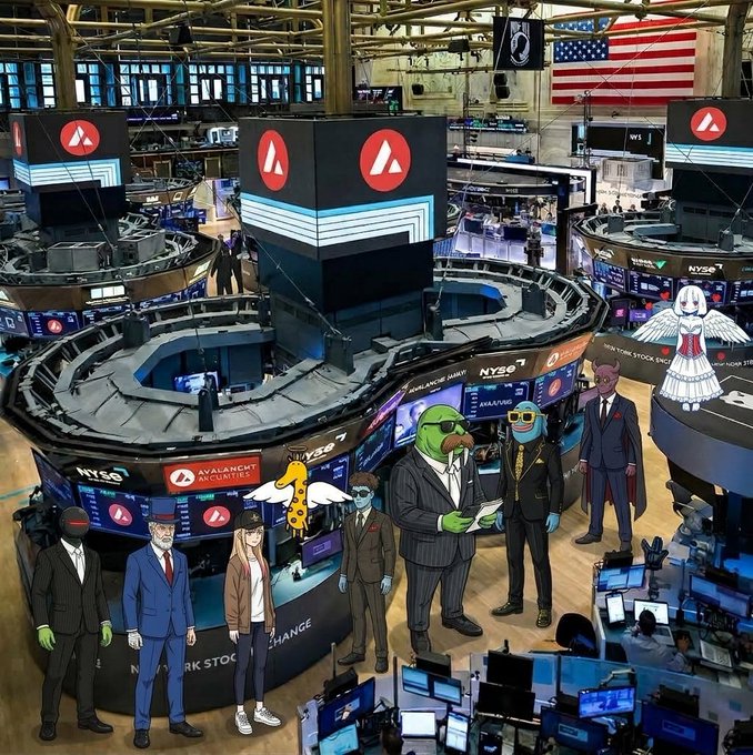 An AI-generated image of the New York Stock Exchange trading floor featuring anthropomorphic characters in suits, including Pepe the Frog and other meme figures, alongside Avalanche (AVAX) and NYS1 branding.