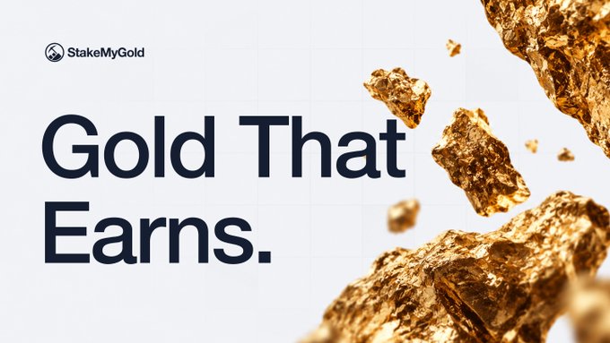 A promotional graphic for StakeMyGold featuring the logo in the top left, bold text reading 'Gold That Earns.', and floating gold nuggets against a light blue background.