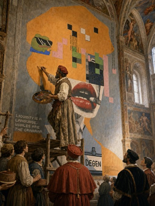 A painter in Renaissance attire works on a mural blending classical religious art with surrealist crypto/meme imagery—featuring Pepe, glitch-style blocks, red lips, and text like "LIQUIDITY IS A LANGUAGE. WHALES ARE THE GRAMMAR." and "DEGEN"—while onlookers in period dress watch, mirroring the post's cryptic message about perseverance and the insider nature of crypto culture.