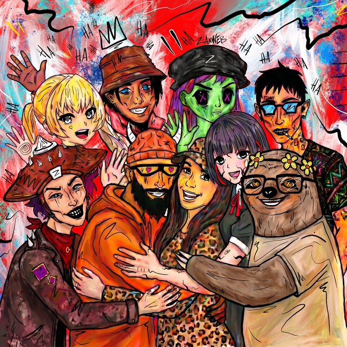 The image features a group of people posing for a picture, with each person wearing different colored hats or clothing items that make them stand out from one another. The group consists of at least nine individuals, all smiling and enjoying themselves as they gather together in front of a red background. The post includes text such as "@VoidSaintsETH" and "@ZaxWeb3 Fam", which may be related to the artist or the content being shared on social media platforms.
