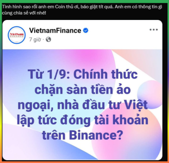 Vietnamese social media post from 'VietNamFinance' with text discussing blocking foreign crypto exchanges starting 9/1, causing Vietnamese investors to close Binance accounts.