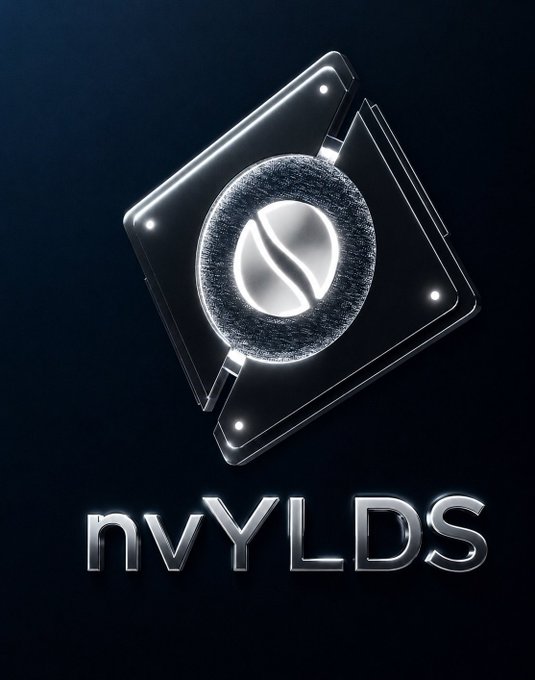 A dark metallic logo for 'nvYLDS' featuring an angular emblem with a glowing circular sphere centerpiece against a deep navy background.