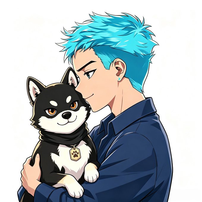 An anime-style illustration of a young man with spiky cyan/blue hair holding a black and white Shiba Inu dog wearing a collar with a paw tag.
