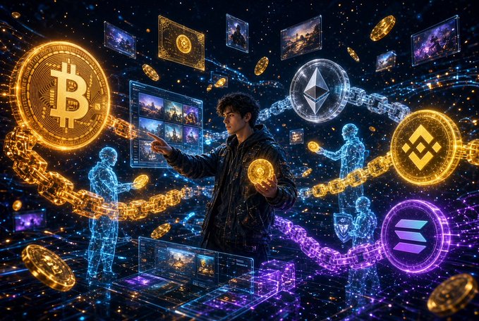 A digital artwork depicts a young man surrounded by glowing cryptocurrency coins including Bitcoin, Ethereum, Binance, and Solana, with holographic figures and chains floating in a cosmic setting.