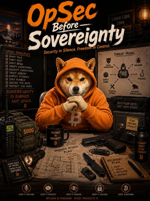 An AI-generated poster titled 'OpSec Before Sovereignty' features a Shiba Inu dog in an orange hoodie surrounded by OPSEC principles and threat model diagrams related to Bitcoin and crypto security.