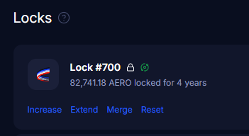 A crypto lock interface shows “Lock #700,” “82,741.18 AERO locked for 4 years,” with buttons labeled “Increase,” “Extend,” “Merge,” and “Reset.”