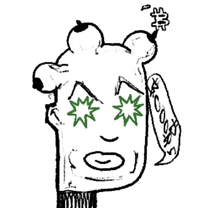 A hand-drawn sketch of a stylized character with an elongated face, green star-shaped eyes, an open mouth, and what appears to be a mushroom or cloud-shaped headpiece.
