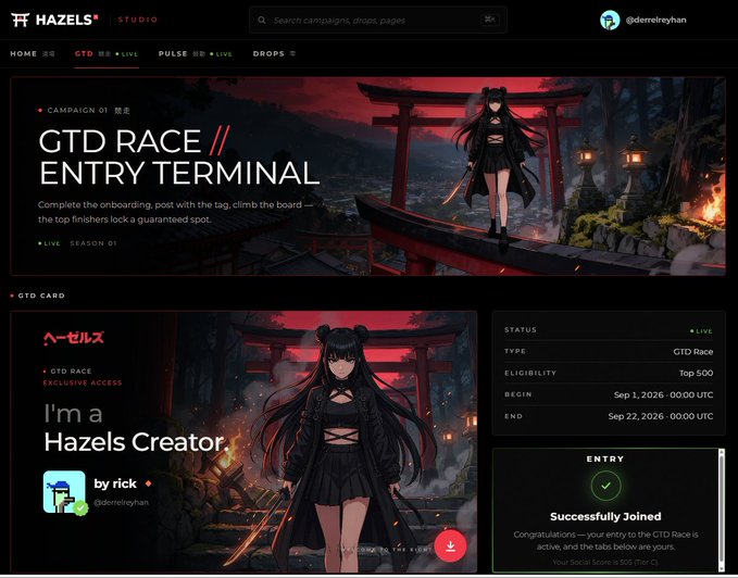 A website screenshot from 'HAZELS STUDIO' showing a 'GTD RACE // ENTRY TERMINAL' campaign featuring anime-style character art, with 'I'm a Hazels Creator' and 'Successfully Joined' status visible.