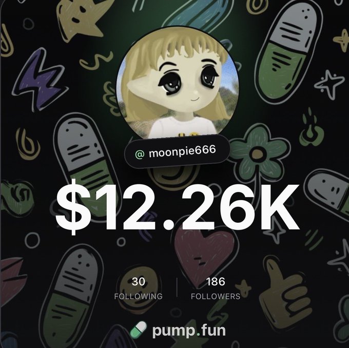 The image shows a Pump.fun profile card for user @moonpie666 displaying $12.26K, 186 followers, and 30 following, featuring an animated character avatar against a dark background with capsule and star illustrations. The graphic supports the post announcing the creator's return to public trading with a new Pump.fun wallet for cross-chain, zero-fee trading.
