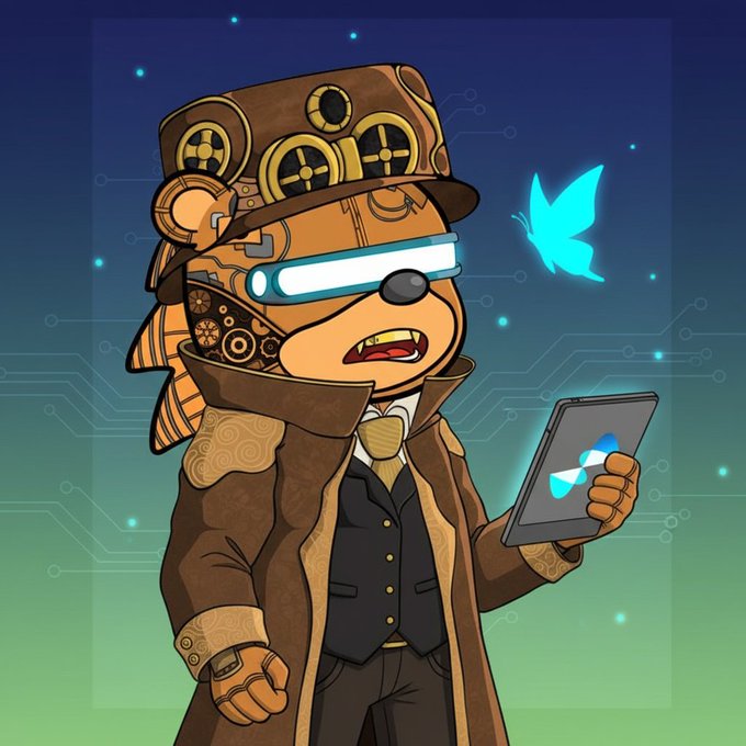 The image features a cartoon bear wearing a brown suit, hat, and coat standing against a blue sky with stars. The bear has a tablet computer in its hand and appears to be using it while standing up straight. There are also two butterflies present in the scene - one on top of the bear's head and another near the bottom right corner of the image.