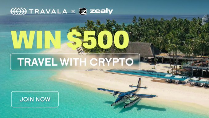 A promotional banner for the "Travala Sprint" in partnership with Zealy, featuring a tropical beach scene with a seaplane and resort, highlighting the text "WIN $500" and "TRAVEL WITH CRYPTO" along with a "JOIN NOW" button. The image visually reinforces the contest's travel and crypto rewards theme by showcasing a luxurious destination, aligning with the post's announcement of a $500 USDC prize pool for Travala's leaderboard and raffle rewards ending August 31.
