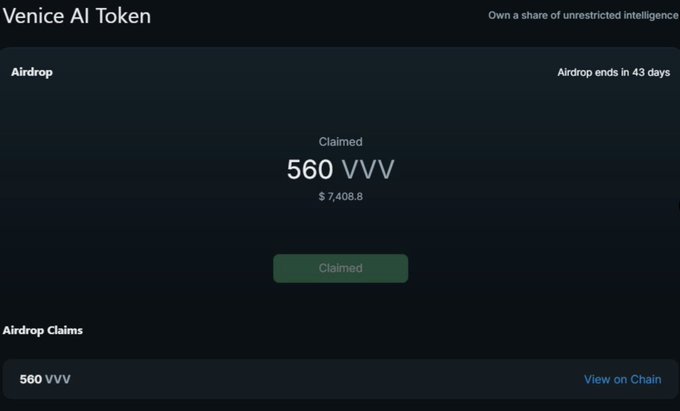 A screenshot of a Venice AI Token airdrop claim page showing "Claimed 560 VVV" valued at $7,408.8.