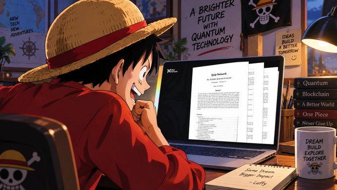 An anime-style illustration shows a young man in a straw hat smiling excitedly at a laptop displaying what appears to be a 'Quiz Network' document, surrounded by motivational posters about quantum technology, blockchain, and One Piece.
