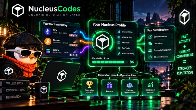 The image displays a "NucleusCodes – Onchain Reputation Layer" dashboard interface, featuring a mascot character in a cap and sunglasses next to a laptop, with panels showing "Your Onchain History" (highlighting EVM, Bitcoin, and Solana tracks), a "Your Nucleus Profile" with a Reputation Score of 86, and "Your Contributions" alongside a flow diagram illustrating how "Past Activity + Current Contributions = Stronger Reputation." It visually represents the post's message by demonstrating how the platform automatically builds a user's reputation profile from existing wallet activity across multiple chains rather than requiring new tasks.