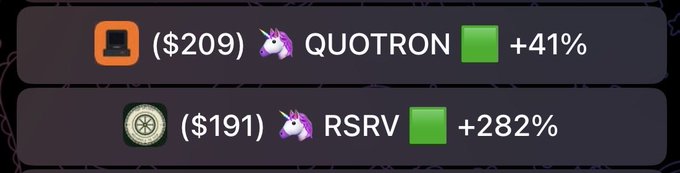 The image shows two trading positions: a GameStop ($209) QUOTRON position with +41% gain, and a tire/wheel asset ($191) RSRV position with +282% gain, both marked with unicorn emojis indicating wins. This aligns with the post celebrating that QUOTRON won this round of the trading race, while profits from RSRV were taken, with anticipation for the next episode.