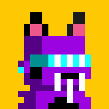 A pixel art illustration of a purple creature with cyan goggles and visible teeth on a solid orange background.