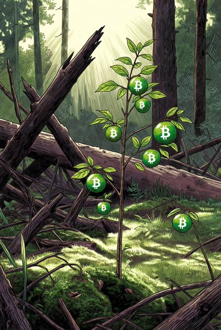 In the image, there's a small tree with green leaves sprouting from its trunk amidst a forest scene. The tree has several balls attached to it, each one representing a Bitcoin coin. This unusual combination of elements creates an interesting visual representation of the cryptocurrency world and its impact on nature. The post about Bitcoin Cash seems to be promoting this unique artwork as a way to draw attention to the growing popularity of Bitcoin and its potential influence on various aspects of our lives.