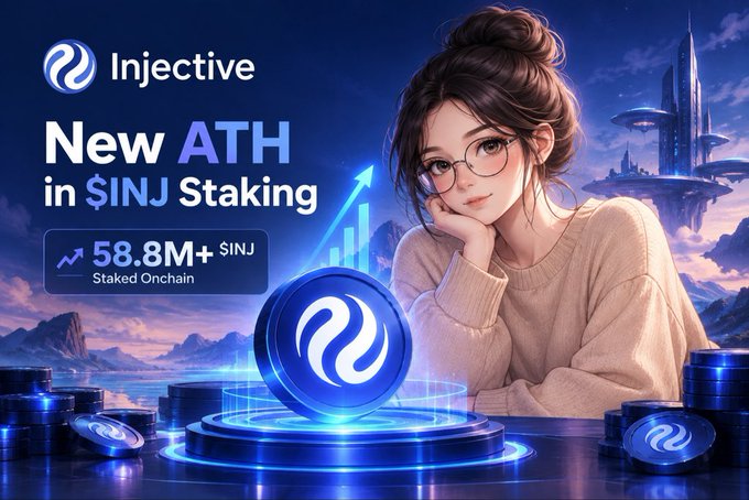 A promotional graphic for Injective highlights a new all-time high in INJ staking, showing "58.8M+ $INJ Staked Onchain" alongside an illustrated woman, a glowing Injective token, and a futuristic cityscape. The image visually reinforces the post's message about the significance of rising onchain staking activity as a meaningful (though understated) signal in crypto.