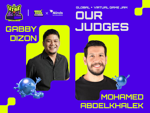 Purple and yellow promotional graphic for a 'GLOBAL • VIRTUAL GAME JAM' introducing judges 'GABBY DIZON' and 'MOHAMED ABDELKHALEK'.