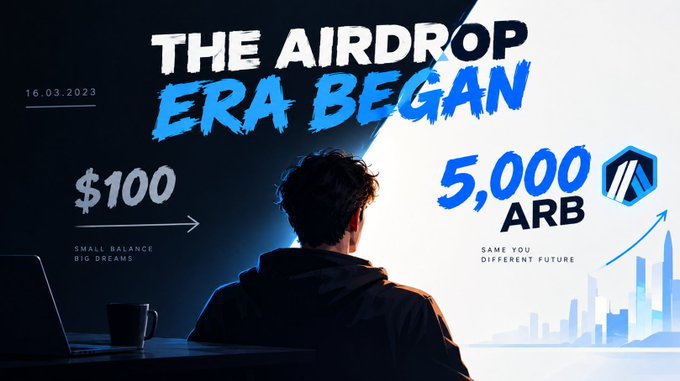 A promotional graphic announces 'THE AIRDROP ERA BEGAN' dated '16.03.2023', highlighting a '$100 SMALL BALANCE BIG DREAMS' and '5,000 ARB' with a silhouette of a person at a desk.