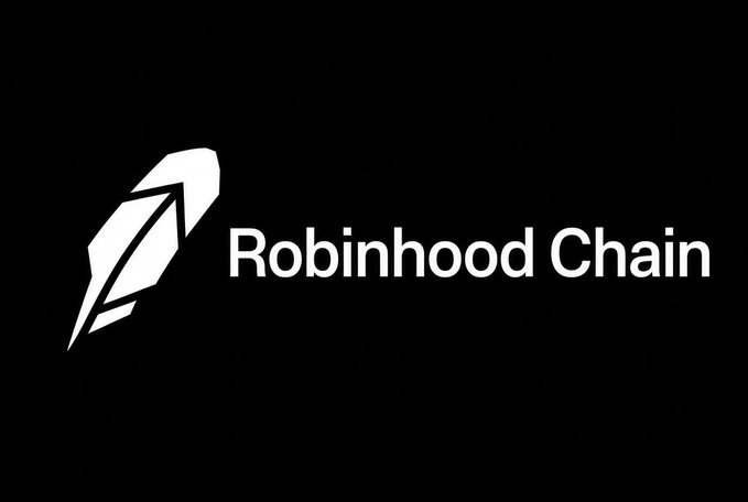 The image features a black background with the "Robinhood Chain" logo, consisting of a stylized white feather/quill icon to the left of the brand name in bold white text. This visually represents Robinhood's blockchain initiative, which ties into the accompanying post's critique of the company capitalizing on institutional crypto integration trends to further fuel speculative trading on its platform.