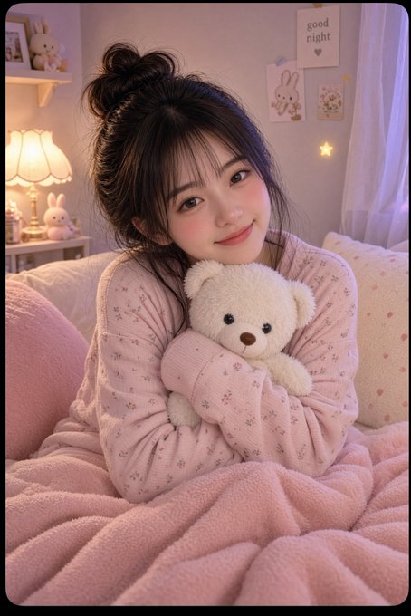 A young woman with her hair in a bun cuddles a white teddy bear in a cozy pink bedroom, with a "good night" sign on the wall behind her. The image perfectly matches the post's gentle reminder to stop watching the charts late at night, go to sleep, and rest well so the community can wake up refreshed and ready to "battle" the market again the next day.