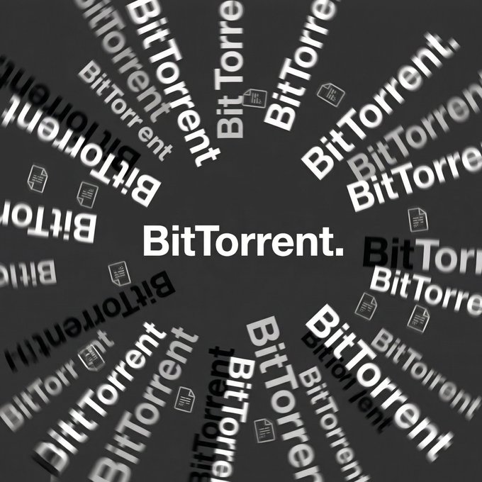 A graphic design featuring the word 'BitTorrent' repeated multiple times in white text at various angles on a dark gray background, with one instance prominently centered.