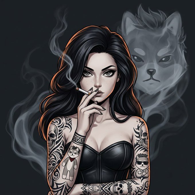 An illustrated portrait of a tattooed, dark-haired woman smoking a cigarette, with a translucent wolf face emerging from the smoke behind her.