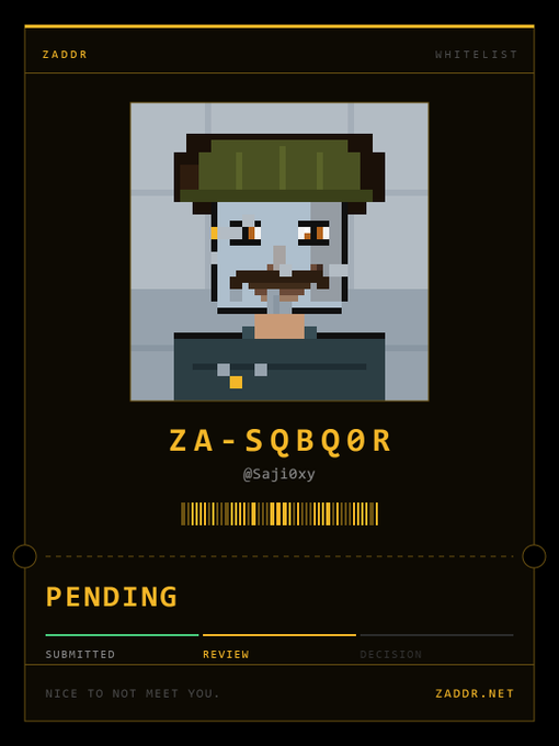 A pixel art ID card style image from ZADOR showing a character with a green helmet and gray skin, labeled ZA-SQBQ0R by @Sajioxy, with a 'PENDING' status bar.