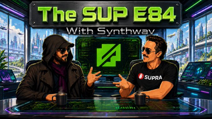 The image is a stylized illustration promoting "The SUP E84 with Synthwav," featuring two animated figures seated at a futuristic desk with a cityscape backdrop. One figure wears a hoodie and sunglasses, while the other sports a mustache and a "SUPRA" t-shirt, aligning with the post's announcement that n8tr0nc of Synthwav Labs will present an overview of his all-in-one $SUPRA ecosystem dashboard at 3pm UTC.