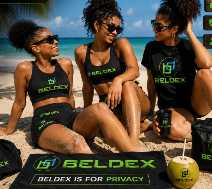 Three smiling women sit on a sandy beach wearing black and green 'BELDEX' branded activewear and sunglasses, with a matching 'BELDEX IS FOR PRIVACY' towel and merchandise laid out in front of them.