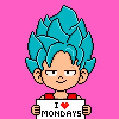 A pixel art character with spiky teal hair and a mischievous smile holds a white sign reading "I ❤ MONDAYS" against a bright pink background.