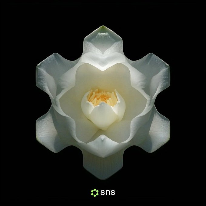 A symmetrical, top-down image of a white magnolia flower against a black background, featuring the 'sns' logo at the bottom center.