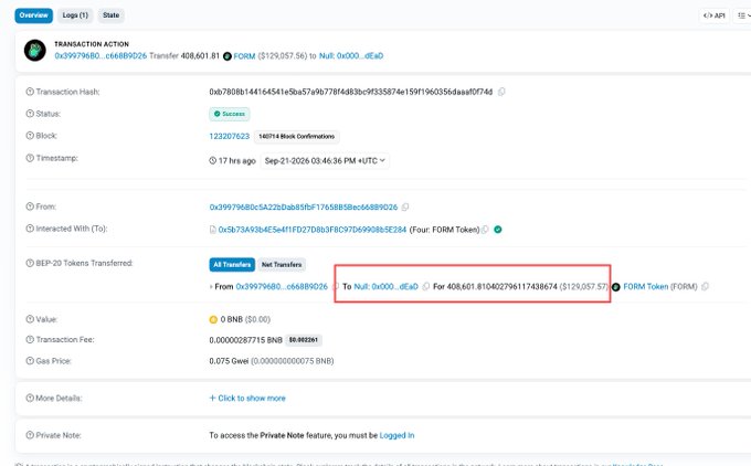 A BscScan transaction record showing Four.meme platform transferring 408,601.81 FORM tokens (~$12,926.68) to a Null: 0x000...dEaD burn address, with 1,807,144 block confirmations and a transaction fee of 0.000028715 BNB. The post discusses Four.meme conducting its first-ever token buyback and burn using FORM tokens, arguing that FORM's ~$100M market cap is undervalued compared to competitors like $PONS.