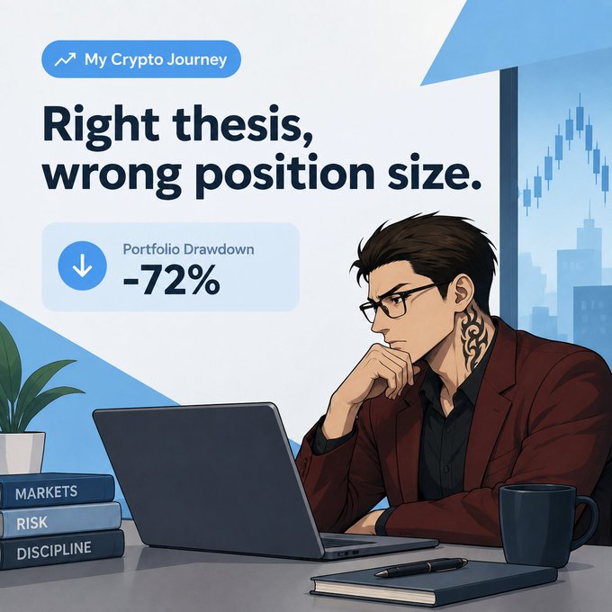 A crypto-themed graphic titled 'My Crypto Journey' with text 'Right thesis, wrong position size.' and 'Portfolio Drawdown -72%', featuring an illustrated man with tattoos looking concerned at a laptop, with books labeled 'MARKETS', 'RISK', and 'DISCIPLINE'.