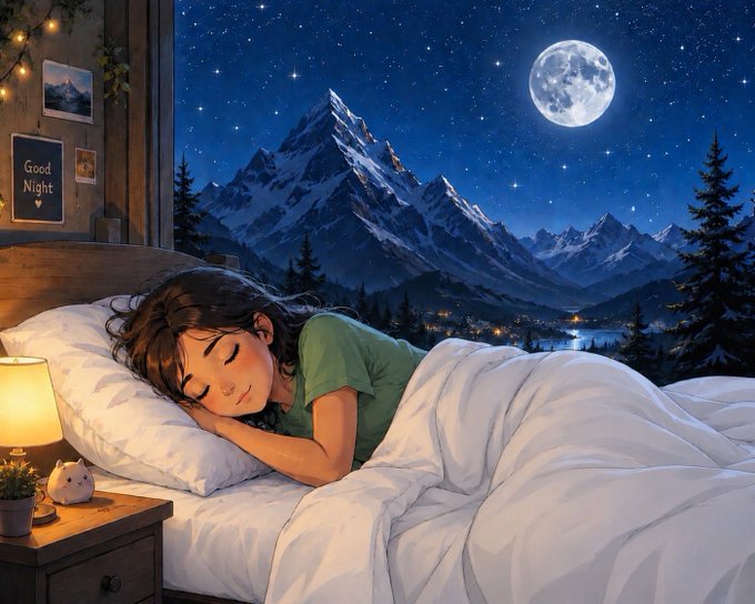 A serene illustrated scene of a young girl sleeping peacefully in bed, with a large window revealing snow-capped mountains and a full moon in the night sky, and a small 'Good Night' sign on the wall.