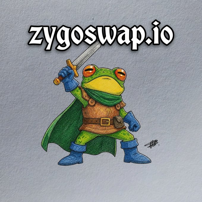 A hand-drawn illustration of a green frog dressed as a warrior with a sword, cape, and armor, featuring the text 'zygoswap.io' at the top.