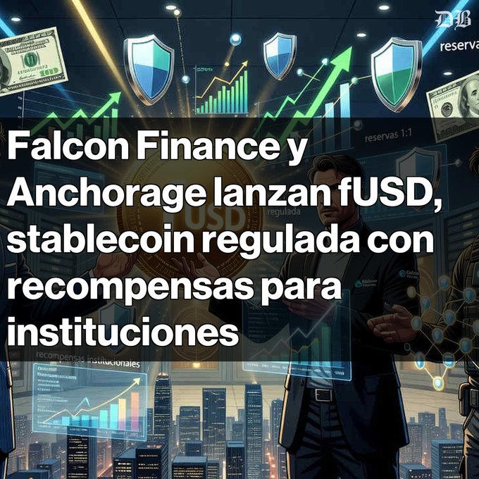 The image features a city skyline with tall buildings, including one that has a "Falcon Finance" sign on top of it. The text in the image reads "Falcon Finance y Anchorage presentan fUSD, la stablecoin regulada en dólares para instituciones con un rendimiento está respaldado 1:1 por efectivo y bonos del Tesoro". This suggests that the city is located near a financial district and there are two people standing in front of tall buildings. The image also includes text about the US dollar, stablecoins, and how to invest in them.