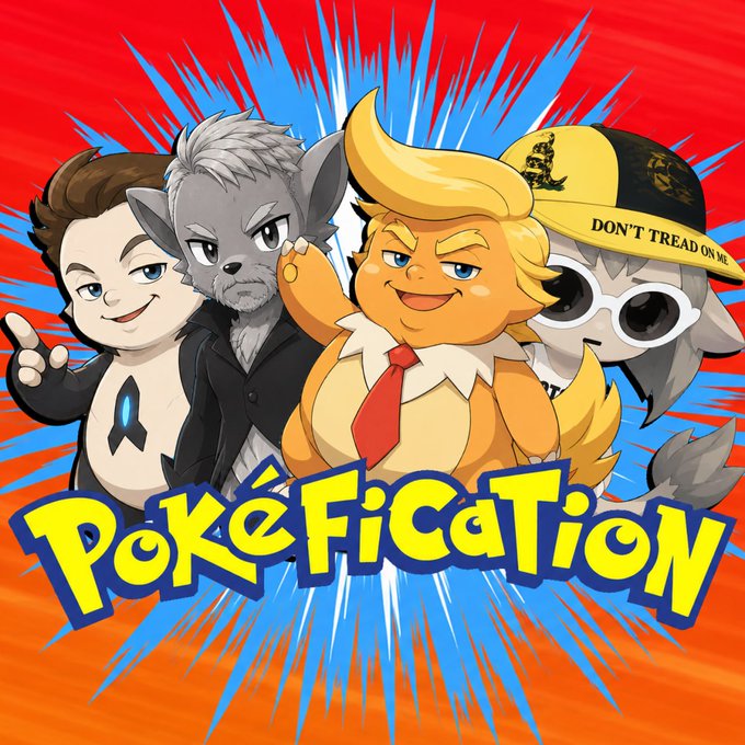 The image features a cartoon of four Pokemon characters, including a President, standing together against an orange background with blue and red splashes. The text "Pokefy" is written above them, indicating that this is a meme or illustration related to Pokemon. The caption below the image reads "$Pokefy is live ca: 562VC3FckJc9TG8YwL2nLBCqvTopPSRKQXUDJpyVpump web: pokefication". This text connects the Pokemon characters and their surroundings, suggesting that they are part of a larger Pokemon-related event or story.